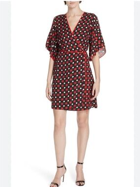 Diane Von Furstenberg Black, Red and Pink Geometric Mini Wrap Skirt size 10